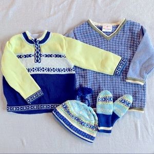 Set of Hanna Andersson sweaters, hat, mittens